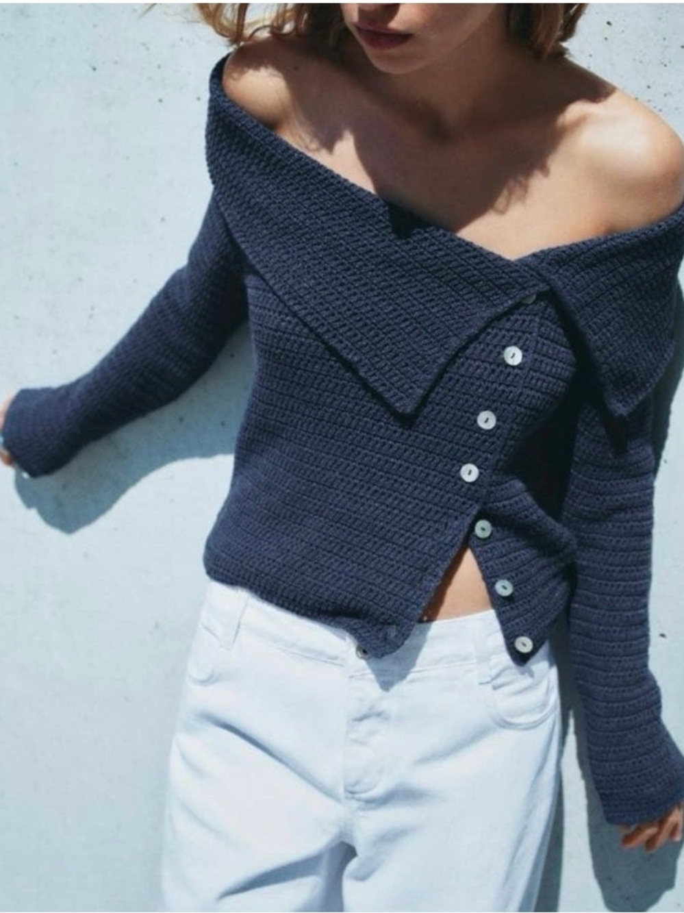 Zara Off-Shoulder Navy Button-Front Sweater